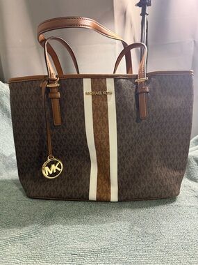 Michael Kors Brown and White Stripe Tote with Gold Charm